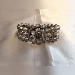Women's Silver Triple Stand Beaded With Big Flower Pendant Bracelet.